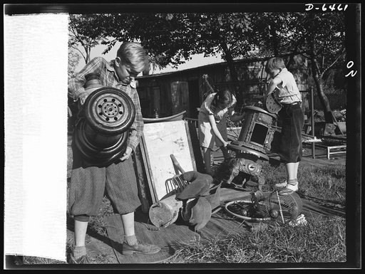 Manpower, junior size. It may not look like a gold mine to you, but this backyard junk pile is just that to the junior commandos of Roanoke, Virginia. Official scrap collectors, they're out to see that every worn-out or unused piece of metal and rubber in the city gets to the nation's steel furnaces
