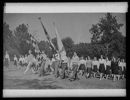 Montgomery Blair High school Victory Corps. Members of the Victory Corps exhibited their best formations before Army, Navy, and civilian officials in Silver Spring, Maryland. The girls being reviewed are students of Montgomery Blair High School