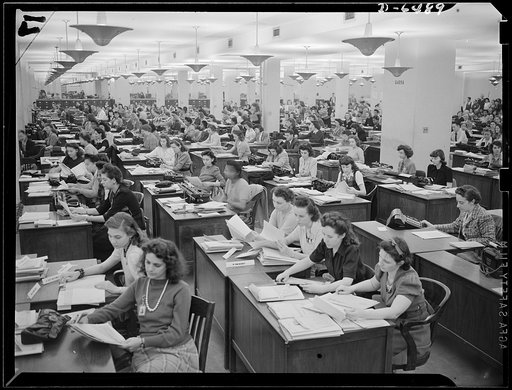 Clerical workers processing forms for production requirement plan, Priorities Division, War Production Board (WPB)