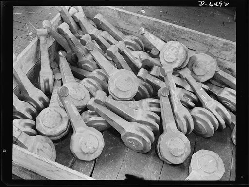 Production. Pratt and Whitney airplane engines. They'll soon be adding to the power of our mighty American air forces. Rough forgings for the master piston rods of Pratt and Whitney motors are ready for the fine machining that will transform them into the precision-made engine parts that account lar
