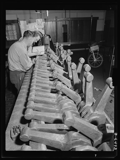 Production. Pratt and Whitney airplane engines. Master piston-rod forgings for Pratt and Whitney airplane engines are carefully inspected in a large plant now producing motors to drive Uncle Sam's warships of the skies. Pratt and Whitney Aircraft