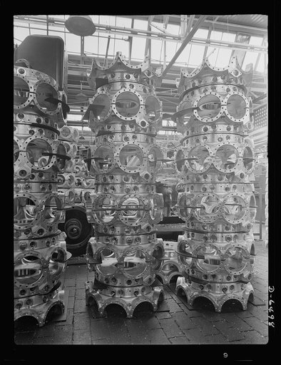 Production. Pratt and Whitney airplane engines. Single-row power cases for Pratt and Whitney airplane engines are stored for further machining in a large Eastern factory from which comes a steady flow of power plants for our mighty warships of the air. Pratt and Whitney Aircraft