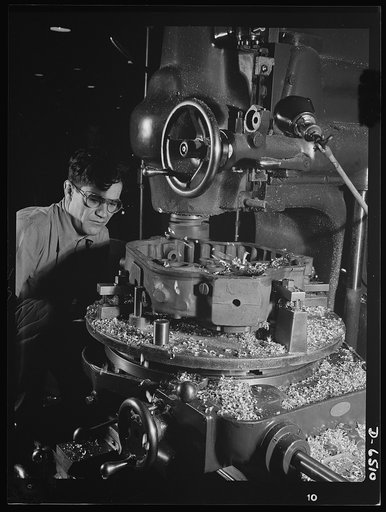 Production. Pratt and Whitney airplane engines. A cover case for a Pratt and Whitney airplane engine is milled on a Milwaukee vertical miller in a large Eastern plant now working at full tilt to supply our armed forces with superior power installations. Pratt and Whitney Aircraft
