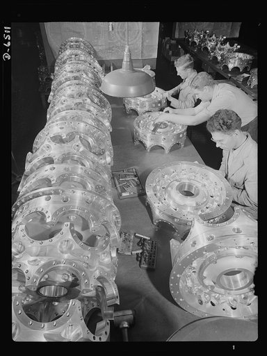 Production. Pratt and Whitney airplane engines. Power section crank cases for Pratt and Whitney airplane engines undergo a careful inspection in a large Eastern plant before assembly into engines that will carry our fighting airmen to victory. Pratt and Whitney Aircraft