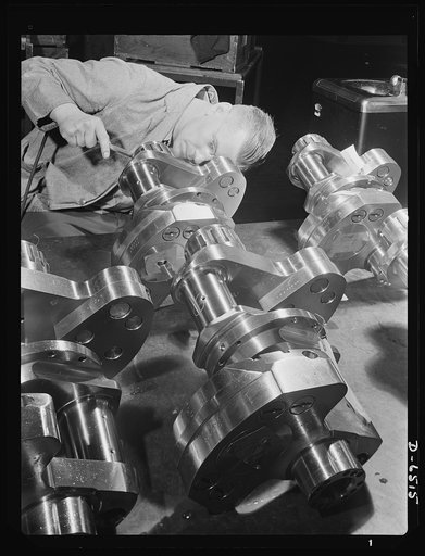 Production. Pratt and Whitney airplane engines. Crankshaft assembles for Pratt and Whitney airplane engines must undergo a rigid inspection in a large Eastern war plant now working full tilt to supply our armed forces with power installations for our war planes. Pratt and Whitney Aircraft