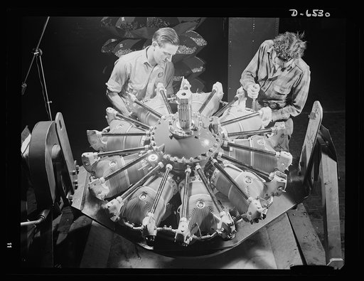 Production. Pratt and Whitney airplane engines. Single-row intake pipes are installed on a new Pratt and Whitney airplane engine in a large Eastern plant engaged exclusively in the production of powerful motors for the fighting aircraft of our Army and Navy. Pratt and Whitney Aircraft