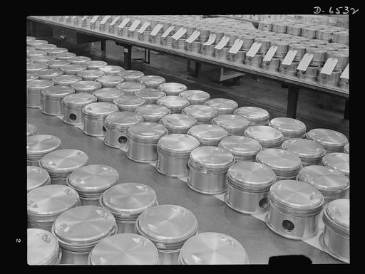 Production. Pratt and Whitney airplane engines. Pistons, complete with rings, are lined up for assembly in Pratt and Whitney airplane engines at a large Eastern plant working to full capacity to supply our armed forces with the power to carry American planes to victory. Pratt and Whitney Aircraft