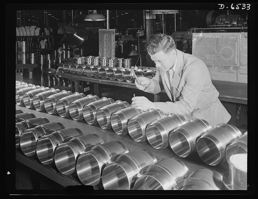 Production. Pratt and Whitney airplane engines. Cylinder barrels for Pratt and Whitney airplane motors must undergo rigid inspection before being installed in the engines. The large plant producing motors is making an important contribution to our growing air power by keeping a steady stream of supe