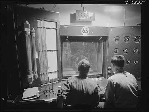 Production. Pratt and Whitney airplane engines. Engineers working at the control panel of a test stand at a large Eastern plant study the performance of a new Pratt and Whitney airplane motor. Each engine must meet rigid Air Force requirements before it is shipped to one of our huge aircraft factori