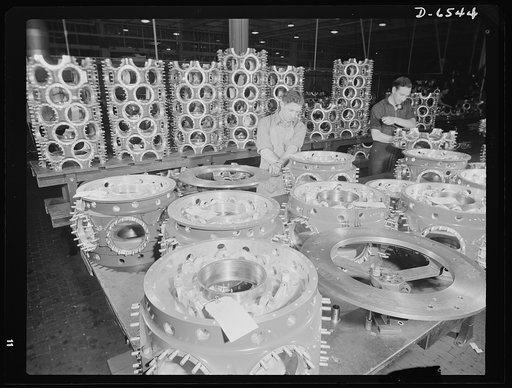 Production. Pratt and Whitney airplane engines. Stud bolts are installed on power cases for Pratt and Whitney airplane motors in a large Eastern plant. This plant is now making great numbers of the finest kind of airplane engines for the plane of our growing air force. Pratt and Whitney Aircraft