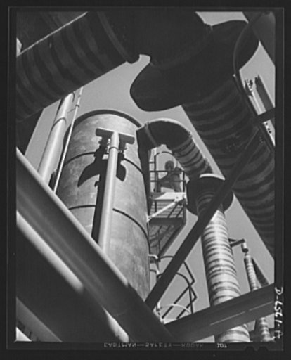 Production. New Tennessee Valley Authority synthetic ammonia plant. A water saturating tower in the hydrogen section of the TVA's new synthetic ammonia plant in the Muscle Shoals area. Ammonia is made here by the high-pressure synthesis of nitrogen and hydrogen and converted at Muscle Shoals to ammo