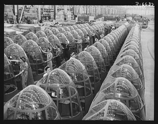 Production. A-20 attack bombers. Women workers at the Long Beach, California plant of Douglas Aviation Company groom lines of transparent noses for deadly A-20 attack bombers. The A-20 is used by the American Air Force and RAF (Royal Air Force) for hedge hopping and strafing operations against groun