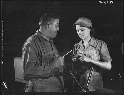 Production. B-24 bombers and C-87 transports. Grace Janota, former department store clerk, was trained as a lathe operator by Rudolph Dolkas, who deserted the Austrian Army as a sergeant in 1913 and came to this country. He worked on the production of military equipment in World War I. He instructs 
