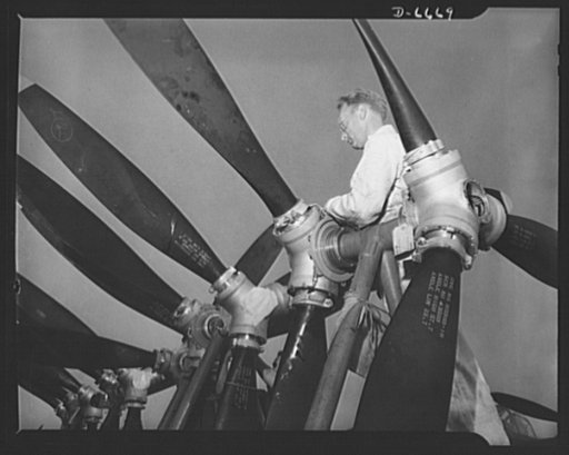 Production. Lockheed P-38 pursuit planes. Sets of three-bladed propellers for Lockheed P-38 pursuit ships are prepared for installation at a large Western aircraft plant. After the propellers have been installed, the ships will be put through exacting inspection and trial flights. If these prove sat