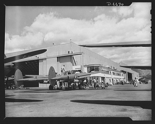 Production. Lockheed P-38 pursuit planes. New Lockheed P-38 pursuit ships that have successfully passed inspection for routine test flights are transferred to the Lockheed air terminal. Here flight mechanics take over and prepare them for the flight test. These ships have performed beautifully in ac