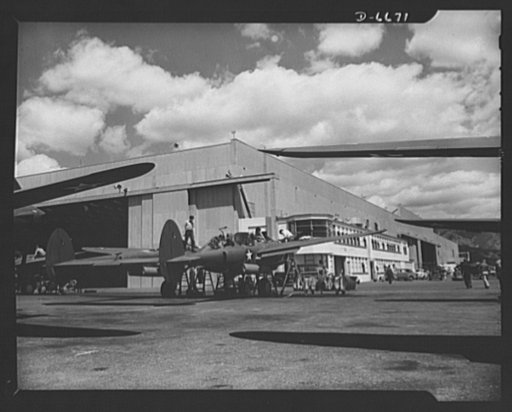 Production. Lockheed P-38 pursuit planes. New Lockheed P-38 pursuit ships that have successfully passed inspection for routine test flights are transferred to the Lockheed air terminal. Here flight mechanics take over and prepare them for the flight test. These ships have performed beautifully in ac