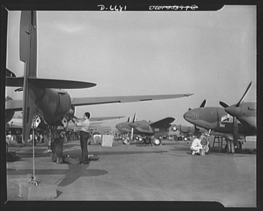 Production. Lockheed P-38 pursuit planes. New Lockheed P-38 pursuit ships receive final inspections and adjustments on assembly lines outside a large Western aircraft plant. After these operations, the ships will be taken out for routine test flights. If the flights prove satisfactory, the new plane