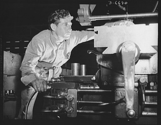 Manpower. Southern shipyard workers. A keen eye and a steady hand guide Olie R. Cawethon in hobbing gears for ships of the United Nations. Cawethon, a former diesel engineer, answered the Navy's call for skilled workers, and is today operating a milling machine in a Southern Navy yard