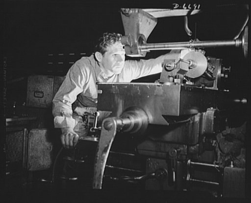 Manpower. Southern shipyard workers. A keen eye and a steady hand guide Olie R. Cawethon in hobbing gears for ships of the United Nations. Cawethon, a former diesel engineer, answered the Navy's call for skilled workers, and is today operating a milling machine in a Southern Navy yard