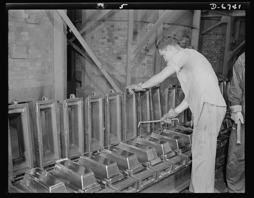 Production. Tin smelting. "Bars" of pure tin are trimmed and cleaned before removal from the molds in which they were formed in a Southern smelter. All the trimmings are returned to the "pot boilers" for remelting. The plant, finest and most modern in the world, extracts the pure metal from South Am
