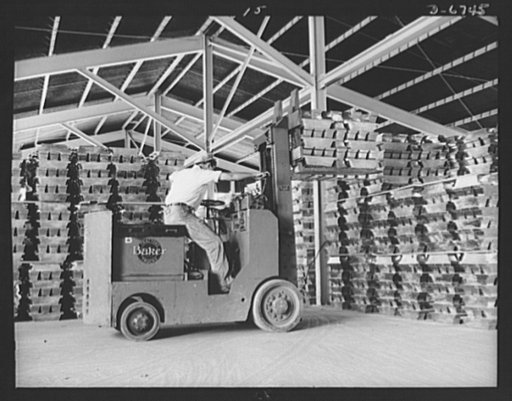 Production. Tin smelting. "Bars" of pure tin are stacked in the warehouse of a Southern smelter to await shipment for war uses. Each bar weighs about eighty pounds and has a value of about forty-one dollars and sixty cents at the present price of fifty- two cents per pound. This tin, made from South