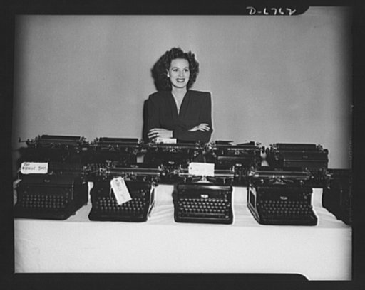 Off to war! These typewriters, which in the past have recorded scores of screen stories and many of the most memorable scenes in hit motion pictures, are now going to war. Maureen O'Harra put her personal typewriter in with the machines from the script department just before they were turned in by R