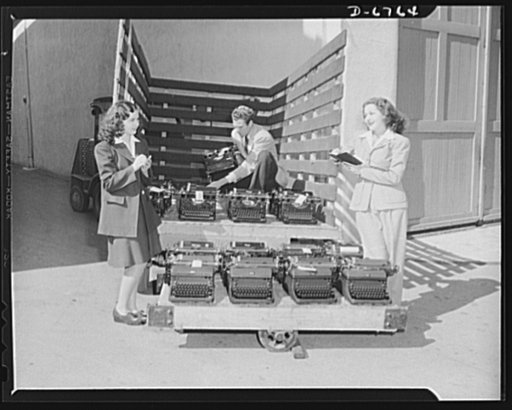 Send your typewriters to war. At Universal City, California, Maria Montez, glamorous Latin-American movie star, and Gloria Jean, typical of young America in Hollywood, helped collect over one hundred typewriters for the Army, Navy, and Marines. Only machines manufactured since January 1, 1935 were c