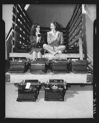 Send your typewriters to war. At Universal City, California, Maria Montez, glamorous Latin-American movie star, and Gloria Jean, typical of young America in Hollywood, helped collect over one hundred typewriters for the Army, Navy, and Marines. Only machines manufactured since January 1, 1935 were c