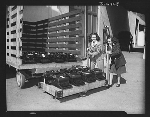 Send your typewriters to war. At Universal City, California, Maria Montez, glamorous Latin-American movie star, and Gloria Jean, typical of young America in Hollywood, helped collect over one hundred typewriters for the Army, Navy, and Marines. Only machines manufactured since January 1, 1935 were c