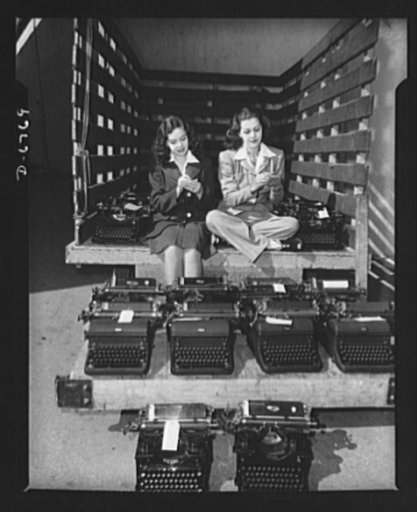 Send your typewriters to war. At Universal City, California, Maria Montez, glamorous Latin-American movie star, and Gloria Jean, typical of young America in Hollywood, helped collect over one hundred typewriters for the Army, Navy, and Marines. Only machines manufactured since January 1, 1935 were c