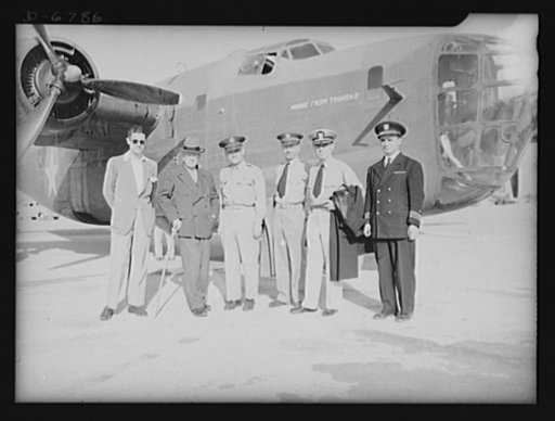 Admiral Standley and party as they take off for America from Cairo airport. Left to right: Mr. Edward Page, Jr., Second Secretary of the Embassy in Moscow; Admiral W.H. Standley, United States Ambassador to Russia; Colonel Joseph A. Michela, Military Attache in Moscow; Captain J.H. Duncan, Naval Att