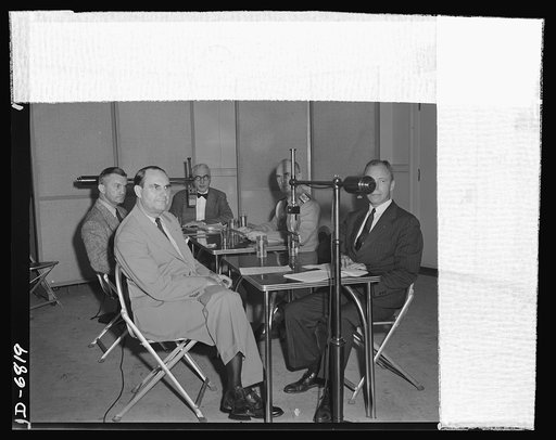 America's leaders discuss war needs in a radio program. America's leaders discuss the Army-Navy Production Awards and the critical needs of war production in a program on August 9, 1942. Vice Chairman of the War  Production Board (WPB) is in the foreground and Robert P. Patterson, Under Secretary of