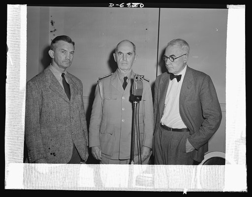 America's leaders discuss war needs in a radio program. America's leaders discuss the Army-Navy Production Awards and the critical needs of war production in a program on August 9, 1942. Left to right: James V. Forrestal, Under Secretary of the Navy; Admiral William D. Leahy, Chief of Staff of the C