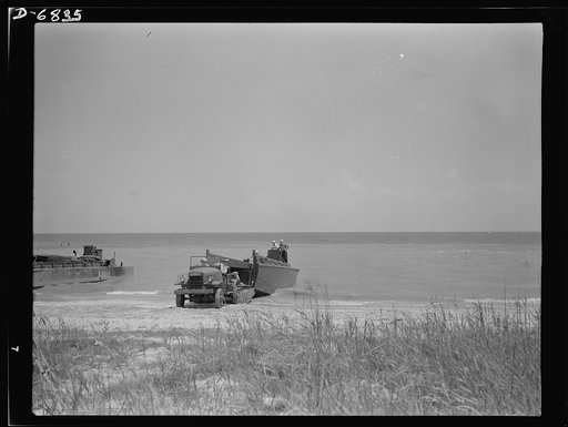Training. Ramp boats. A thirty-six foot ramp boat lands a Marine Corps truck from a ship to a beach position as the leathernecks perfect themselves in new invasion techniques at a Gulf Coast point. The company that makes this boat and other naval craft conducts a training school in which the men are