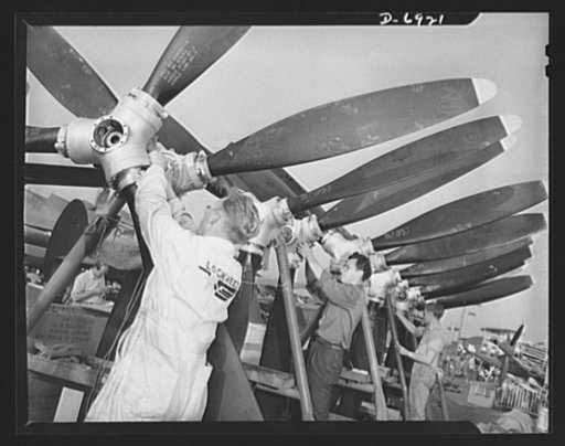 Production. Lockheed P-38 pursuit planes. Three-blade variable pitch propellers are prepared for installation on Lockheed P-38 pursuit planes at a large Western aircraft plant. The planes they will pull have been performing brilliantly as interceptors of enemy aircraft