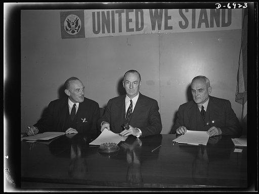 Combined Production and Resources Board. First meeting of the Combined Production and Resources Board, following inclusion of Canada. Left to right: Oliver Lyttelton, England; Donald Nelson, United States; and C.D. Howe, Canada. Washington, D.C., November 16, 1942