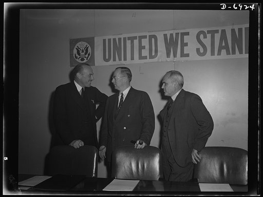 Combined Production and Resources Board. First meeting of the Combined Production and Resources Board, following inclusion of Canada. Left to right: Oliver Lyttelton, England; Donald Nelson, United States; and C.D. Howe, Canada. Washington, D.C., November 16, 1942