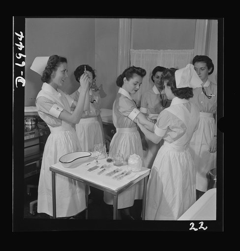 Nurse training. With migration of large numbers of people to new communities, epidemics are a latent possiblity. In New York City's School of Nursing Residence, advanced students give the Schick and Dick test (for Diphtheria and Scarlet Fever, respectively) to the probationers. By learning to protec