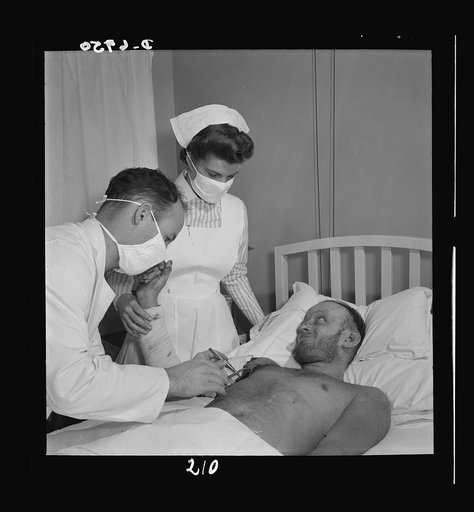 Nurse training. A torpedoed sailor receives burn treatment from a doctor, with student nurse Susan Petty in attendance. Care of burns gets special emphasis in the education of every nurse today, for war casualties almost invariably include victims of burns
