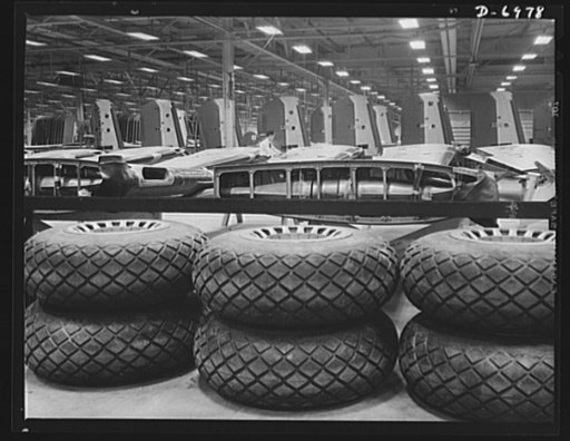 Production. B-25 bombers. Tires, wing sections and empennage assemblies for B-25 bombers, ready for the assembly lines of a Western aircraft plant. General Doolittle has called the ship the best military plane in existence. With plenty of speed, a 1700- mile cruising range and a ceiling of 25,000 fe