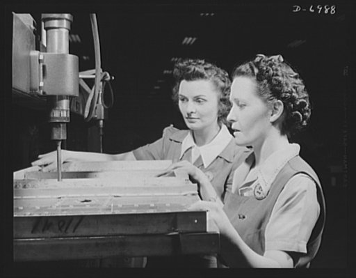 Production. B-25 bombers. Riveting frame for a B-25 bomber. The Western plant in which thousands of these warships of the air are built employs many women at jobs that once were considered exclusively the work of men. Fairfax bomber plant, Kansas City