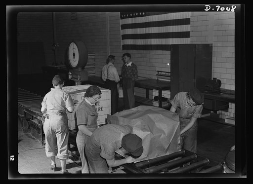 Women in war. Supercharger plant workers. The female war worker enters a new field. Women employees in a large Midwest supercharger plant handle the crating of superchargers with speed and skill. Allis Chalmers Manufacture Company
