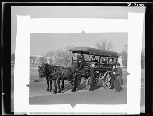 Transportation. Sight-seeing bus. Faced with a ban on motor buses for sightseeing purposes, Jimmy Grace obtained a horse-drawn bus which makes daily trips to the points of interest of the nation's capital