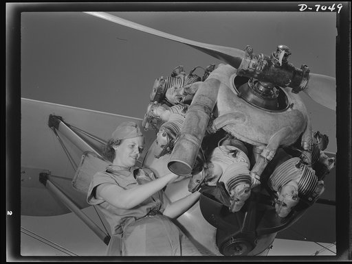 Naval air base, Corpus Christi, Texas. A top notch mechanic, Mary Josephine Farley expertly rebuilds airplane engines. Although she's only twenty years old she has a private pilot's license and has made several cross country flights. She ranked highest of all competitors on her civil service examina
