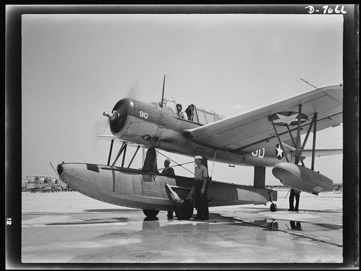 Naval air base, Corpus Christi, Texas. After being checked by sailor mechanics, the Kingfisher, a Navy flying ship, is ready for launching. This type of plane is a service ship, technically termed the OS2-U3