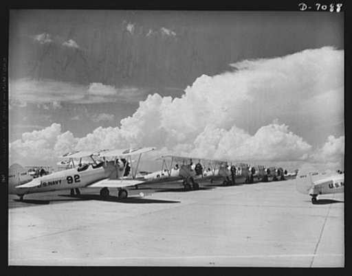 Naval air base, Corpus Christi, Texas. Navy N2S, primary land plane, ready for afternoon flight trips at the naval air base in Corpus Christi, Texas. These ships are completely reconditioned after fulfilling their service schedules by civil service employees at the base
