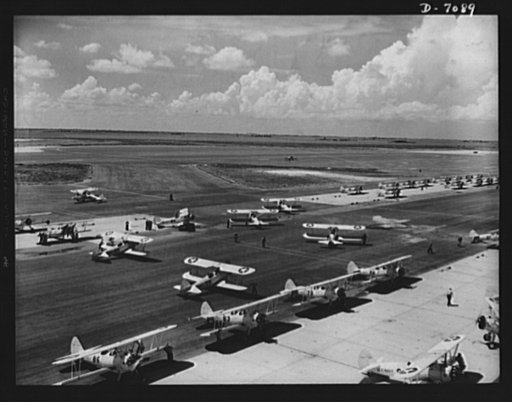 Naval air base, Corpus Christi, Texas. Navy N2S primary land planes taxi out for a "rat race" at the naval air base in Corpus Christi, Texas. Cadets in advanced training have given the race this name