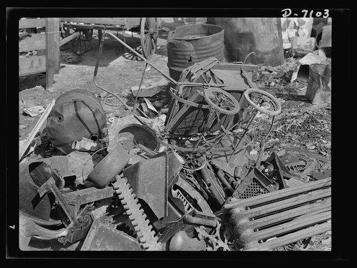 Salvage. Scrap for steel mills. Outworn metal articles of every kind lie in a neighborhood junkyard pending segregation and shipment to a steel mill where this valuable scrap will be processed into war materials