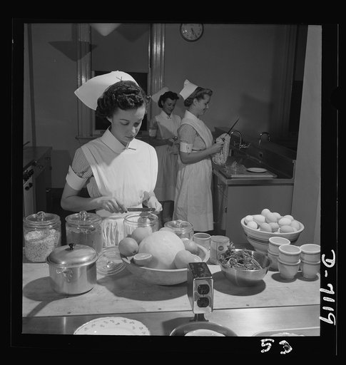 Nurse training. The why and wherefores of nutrition are mastered by student nurses during their hospital training period. Each student must spend hours in various diet kitchens, learning the intricacies of food therapy, and methods of preparing meals in accordance with their patients' prescribed die