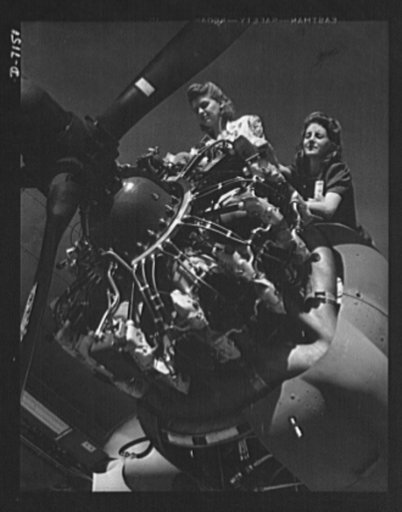 Production. Airplane manufacture, general. Women are proving themselves excellent technicians at the Long Beach, California, plant of Douglas Aircraft Company. These airplane engine mechanics learned all they know about their jobs at the company school, and now there putting their knowledge to use. 